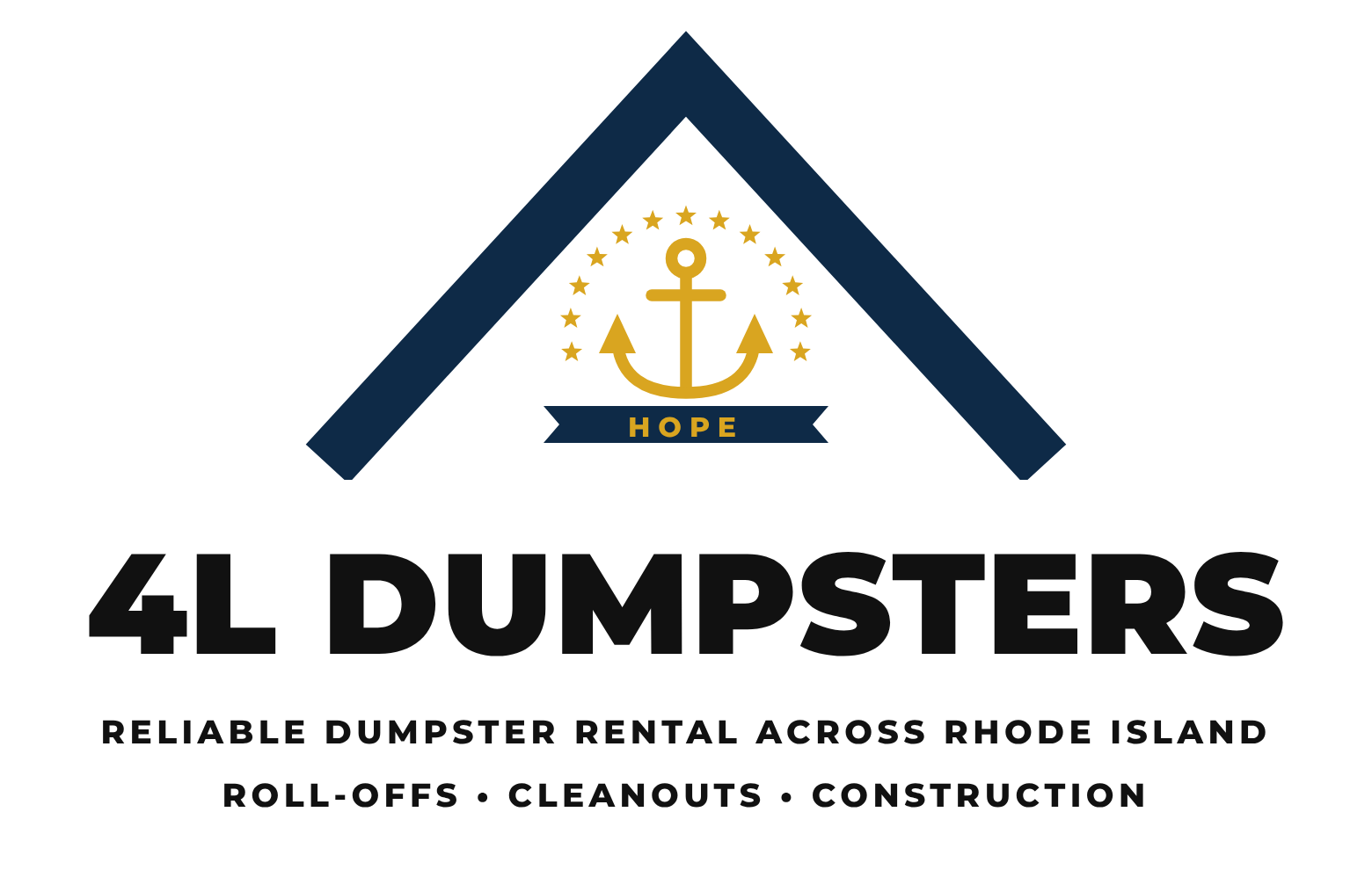 4L Dumpsters logo with the Rhode Island flag on a house roof