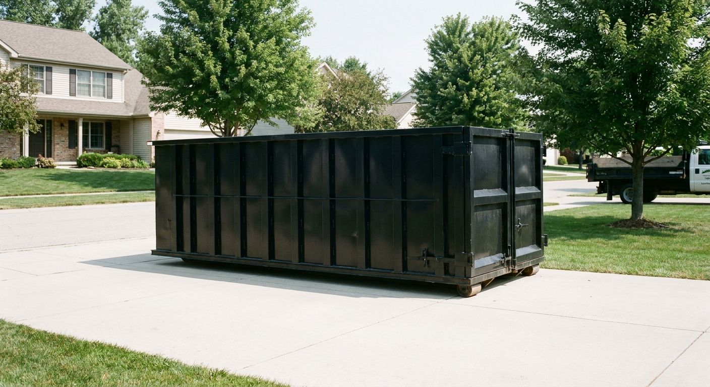 Roll-off dumpster on a residential driveway in Rhode Island, Rhode Island